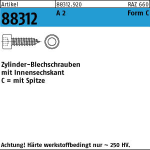 Blechschraube mit Kopf nach DIN 912  - Innensechskant - Edelstahl A2