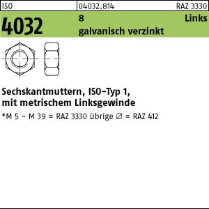 ISO 4032 Sechskantmutter  Klasse 10 - galvanisch verzinkt - Linksgewinde