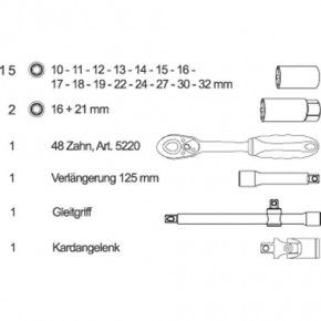 1/2" Steckschlüssel Satz 22tlg proficraft, 48 Zahn Knarre